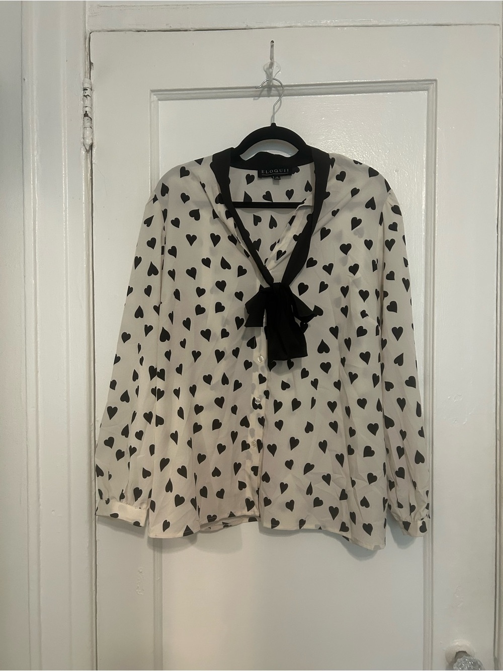 Eloquii Cream Blouse with Black Heart Print and Tie Neck